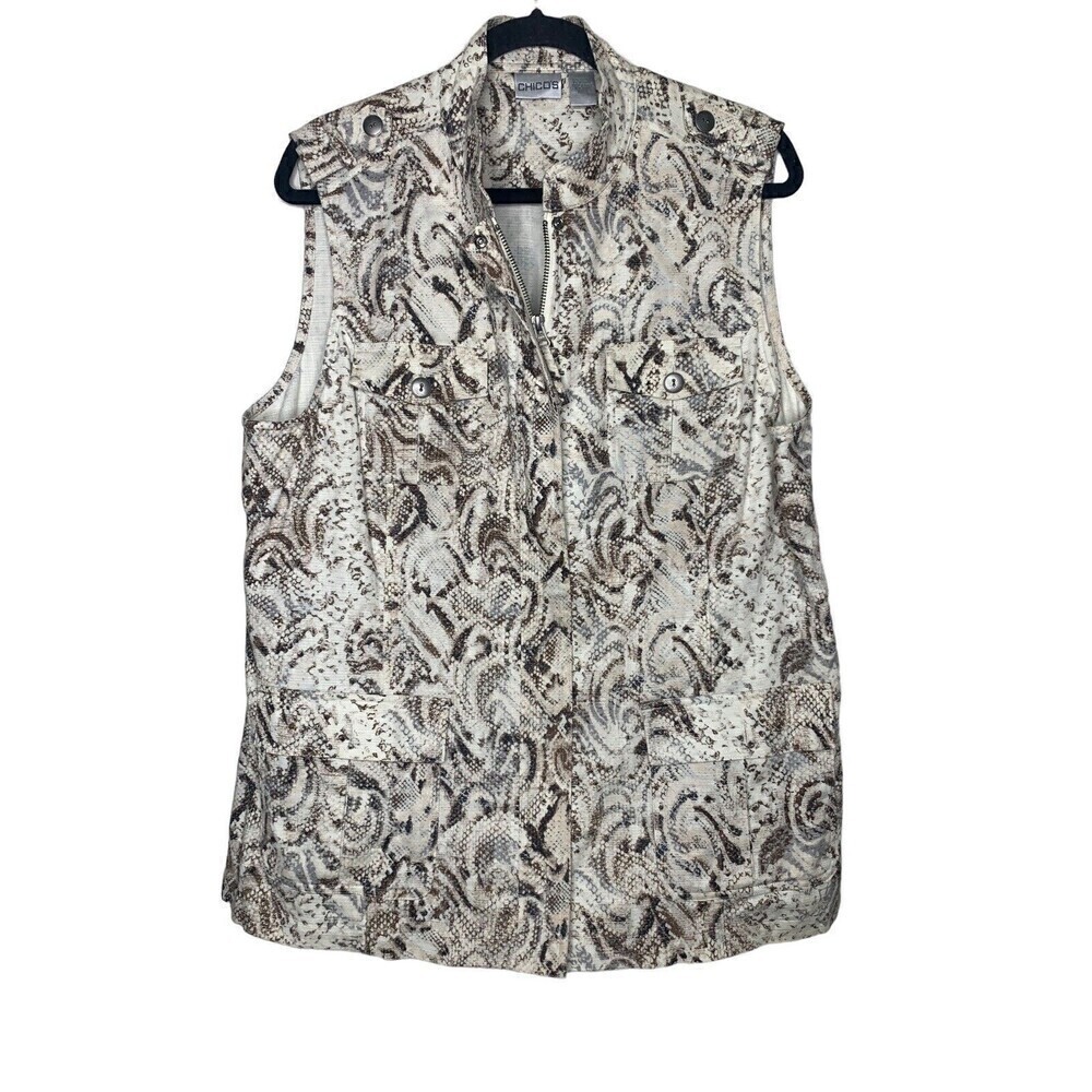 Chicos Vest Womens 3/ XL Ivory Brown Animal Snake Safari Long Full Zip Pockets